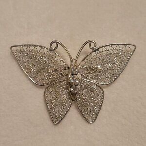 Liz Claiborne Silver Toned Filigree & Rhinestone Butterfly Brooch